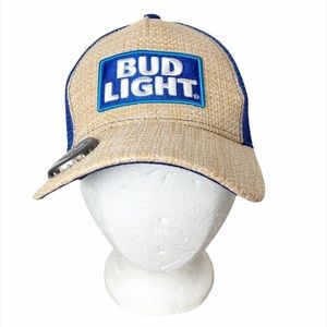 Budweiser Hat Bud Light Beer Blue Cream Trucker w/ Bottle Opener Adjustable Cap